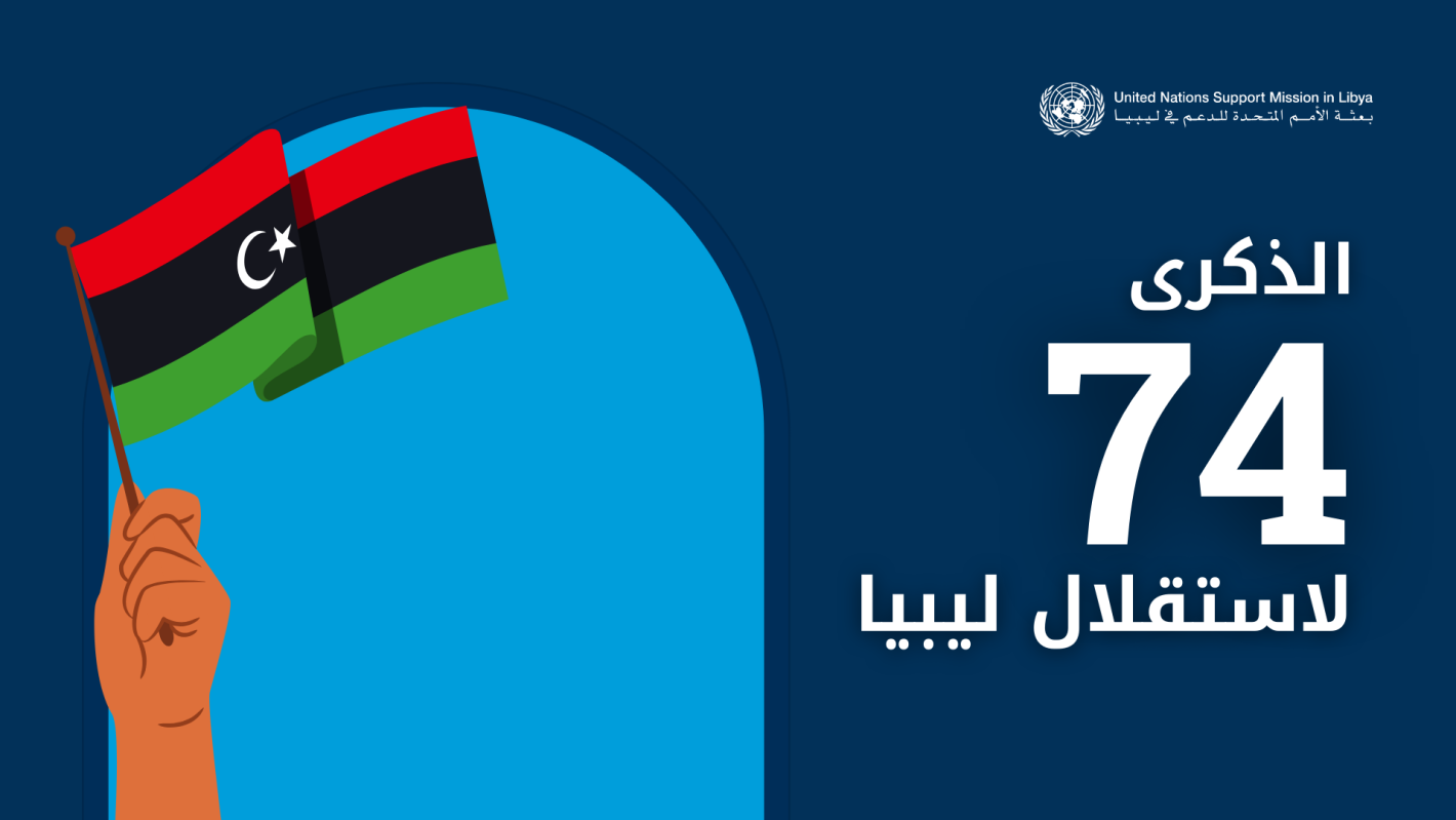 Graphic showing a hand holding a Libyan flag with the words: "75th Anniversary of Libyan Independence"