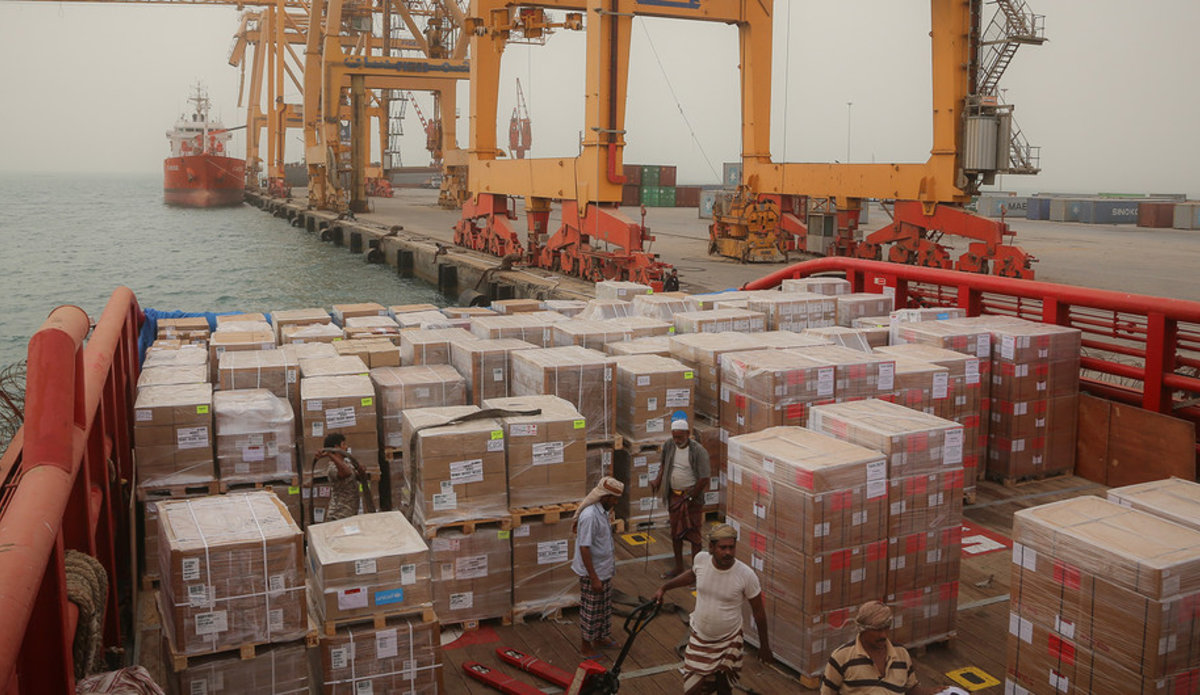 Photo credit: UNICEF/June2018. A ship berths in Hudaydah port and emergency humanitarian supplies sent by UNICEF are offloaded.