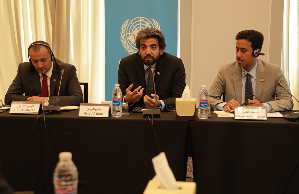 14 March 2022 – From the right to the left, Mohammed Al Ghaithi, Amr Al Bidh and Anes Al Sharafi represent the Southern Transitional Council at the Special Envoy’s Framework bi-lateral consultations with the Southern Transitional Council in Amman, Jordan. Photo: OSESGY