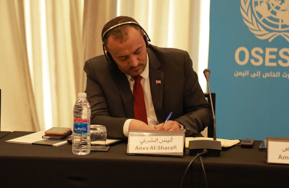 14 March 2022 – Anes Al Sharafi at the Special Envoy’s Framework bi-lateral consultations with the Southern Transitional Council in Amman, Jordan. Photo: OSESGY