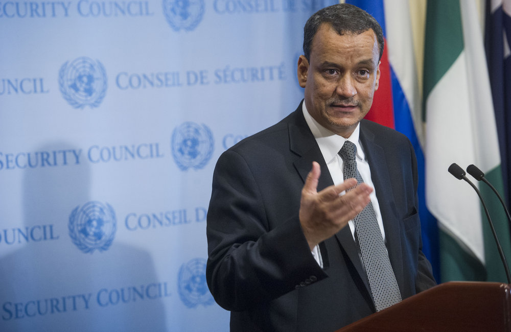 Yemen Special Envoy Ismail Ould Cheikh Ahmed Talking to the Press. October 2015. UN Photo/Amanda Voisard