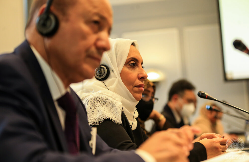  7 March 2022 -  from left to right Rashad Al-Alimi, Ebtihaj Al-Kamal, Aidah Abdullah, at the Framework bi-lateral consultations, during the Special Envoy's meeting with leaders from the General People's Congress party in Amman, Jordan. Photo credit: OSESGY