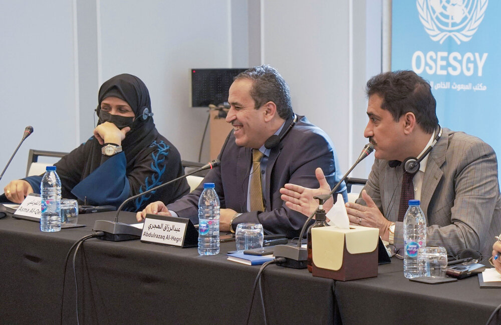 8 March 2022 – from right to left representatives from Al-Islah party Ali Ashal, Abdulrazaq Al-Hegri, and Asma Al-Qershi attending the Special Envoy’s Framework bi-lateral consultations in Amman, Jordan Credit: OSESGY