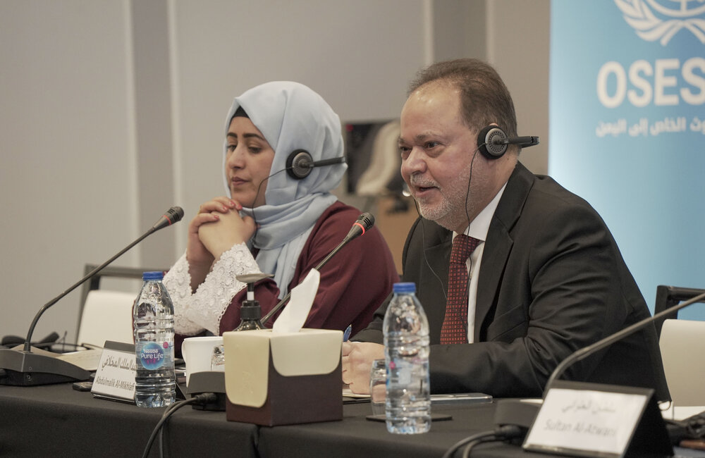 10 March 2022 – from right to left: representatives of the Nasserist Unionist People's Organization, Amal Al Sabri, Abdulmalik Al-Mikhlafi, attending the Special Envoy’s Framework bi-lateral consultations in Amman, Jordan. Photo: OSESGY 