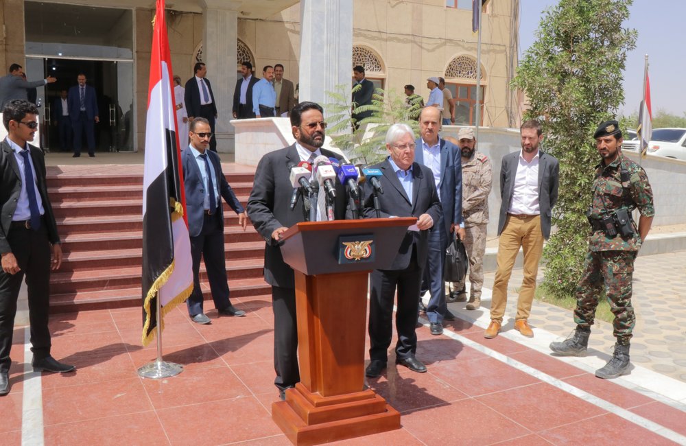 Governor Sultan Al-Arada addresses the media after meeting with UN Special Envoy for Yemen