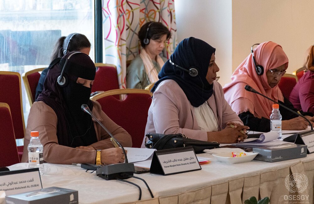 22 May 2022 – From left to right, Hanan Alsharif, Bahia Al-Sakkaf, Sumaia Al-Hussam attending the consultative meeting with Yemeni women on multitrack peace process design and priorities in Amman, Jordan. Photo: OSESGY/ Abdel Rahman Alzorgan