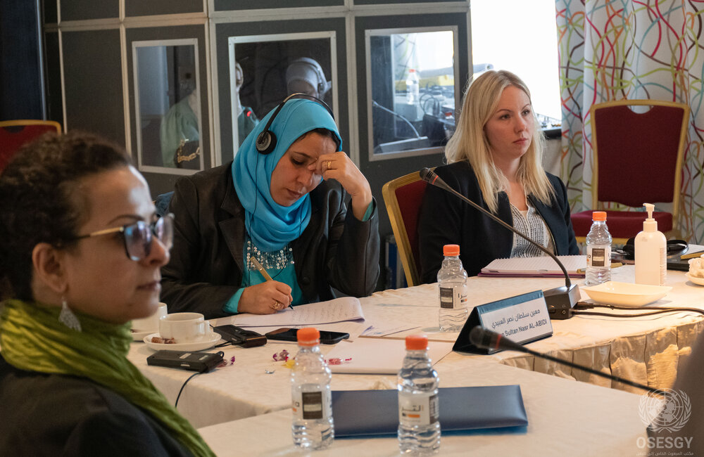 22 May 2022 – From left to right, Wameedh Shaker, Maeen Al-Abidi, Charlotte Lunde, attending the consultative meeting with Yemeni women on multitrack peace process design and priorities in Amman, Jordan. Photo: OSESGY/ Abdel Rahman Alzorgan