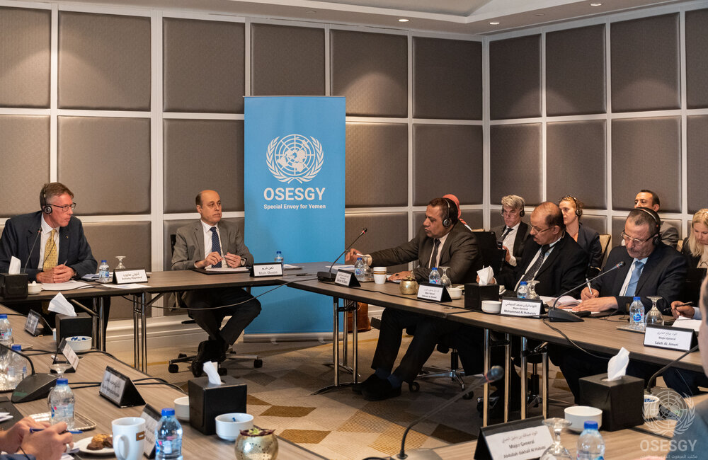 27 May 2022 – Antony Hayward (left) chairing the military coordination committee meeting, on his left, Deputy Head of Mission, Muin Shreim, listens to the discussions.* Amman, Jordan. Photo: OSESGY/ Abdel Rahman Alzorgan