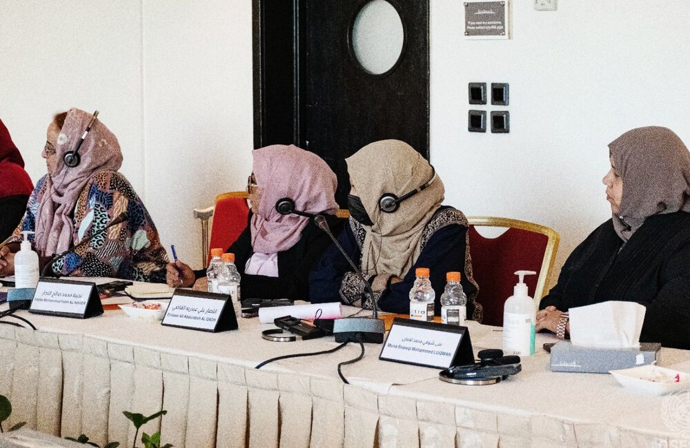 22 May 2022 – From left to right, Afraa Al-Hariri, Najiba Al-Nager, Entesar Al Qadh, Muna Luqman, attending the consultative meeting with Yemeni women on multitrack peace process design and priorities in Amman, Jordan. Photo: OSESGY/ Abdel Rahman Alzorgan