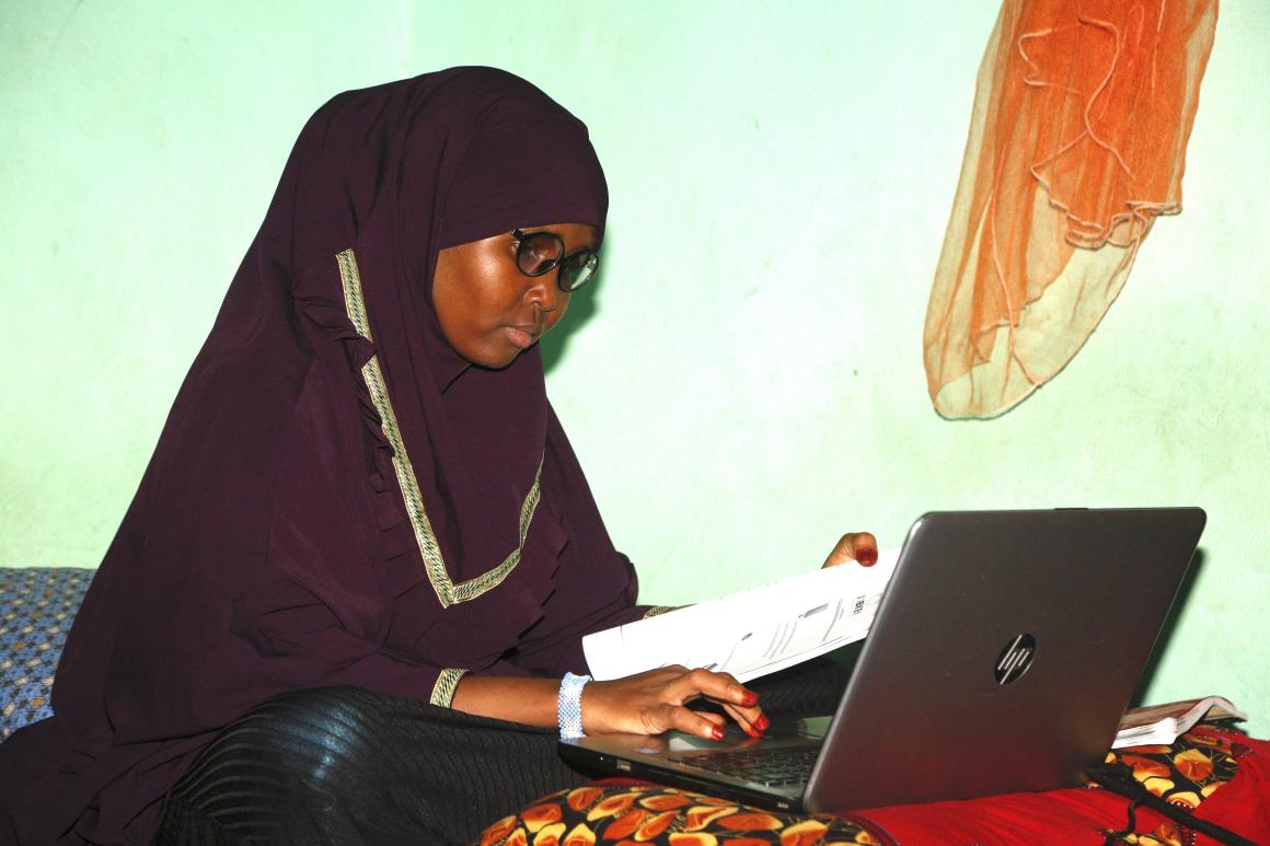 Hawo Aden Hussein, a Jobkey University student, attends an online class from her home during COVID-19, in Belet Weyne, Hirshabelle state of Somalia