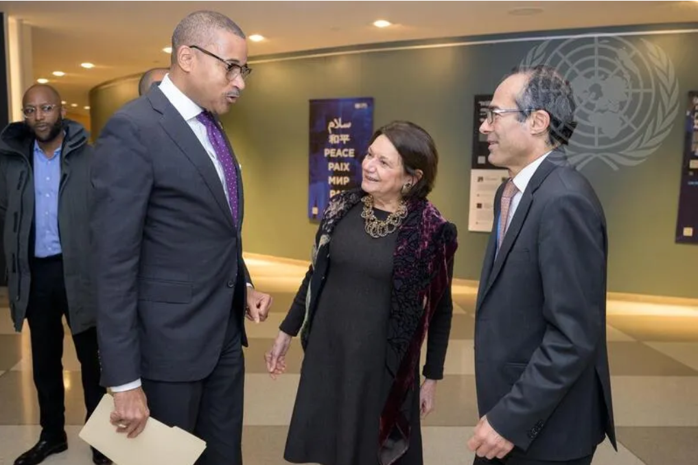 (L-R): UN Chief de Cabinet Courtenay Rattray, Under-Secretary-General Rosemary DiCarlo, and Assistant-Secretary-General Khaled Khiari at the opening of the exhibit “Diplomacy for Peace” organized by the Department of Political and Peacebuilding Affairs (D