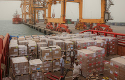 On 30 June 2018 in Yemen, a ship berths in Hudaydah port and emergency humanitarian supplies sent by UNICEF are offloaded.