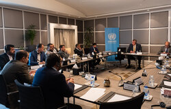 27 May 2022 – Antony Hayward (left) chairing the military coordination committee meeting, on his left, Deputy Head of Mission, Muin Shreim, listens to the discussions.* Amman, Jordan. Photo: OSESGY/ Abdel Rahman Alzorgan